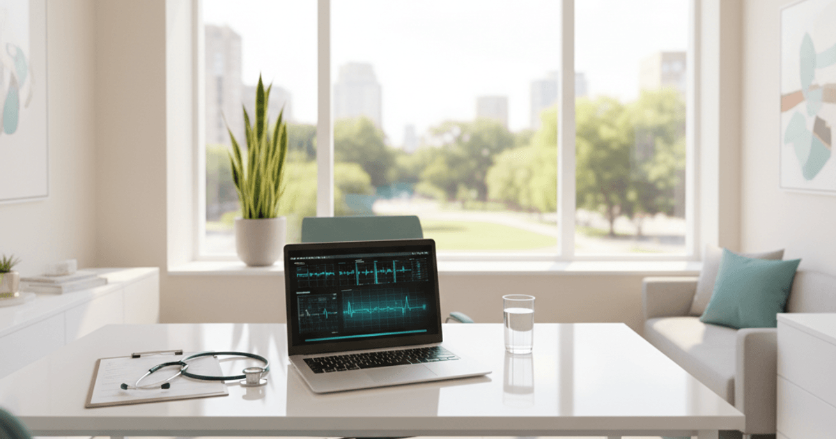 Modern dokterskanoor met laptop en medische formulieren - afvallen onder begeleiding van een arts
