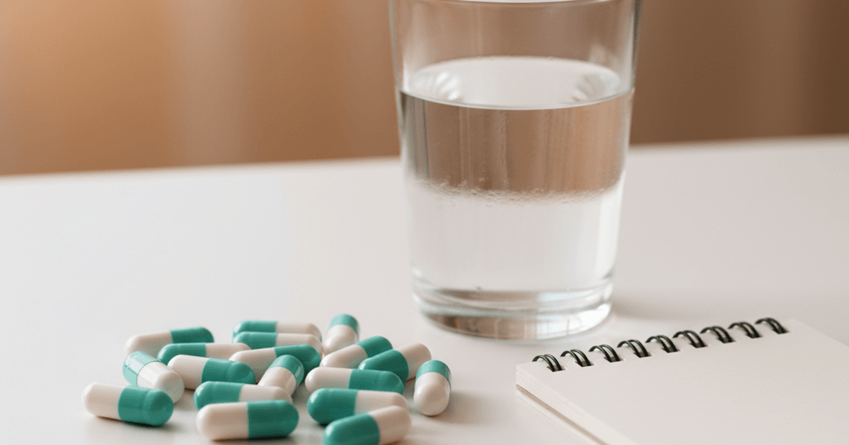 Generieke medicijncapsules naast een glas water - orale semaglutide afvalpil