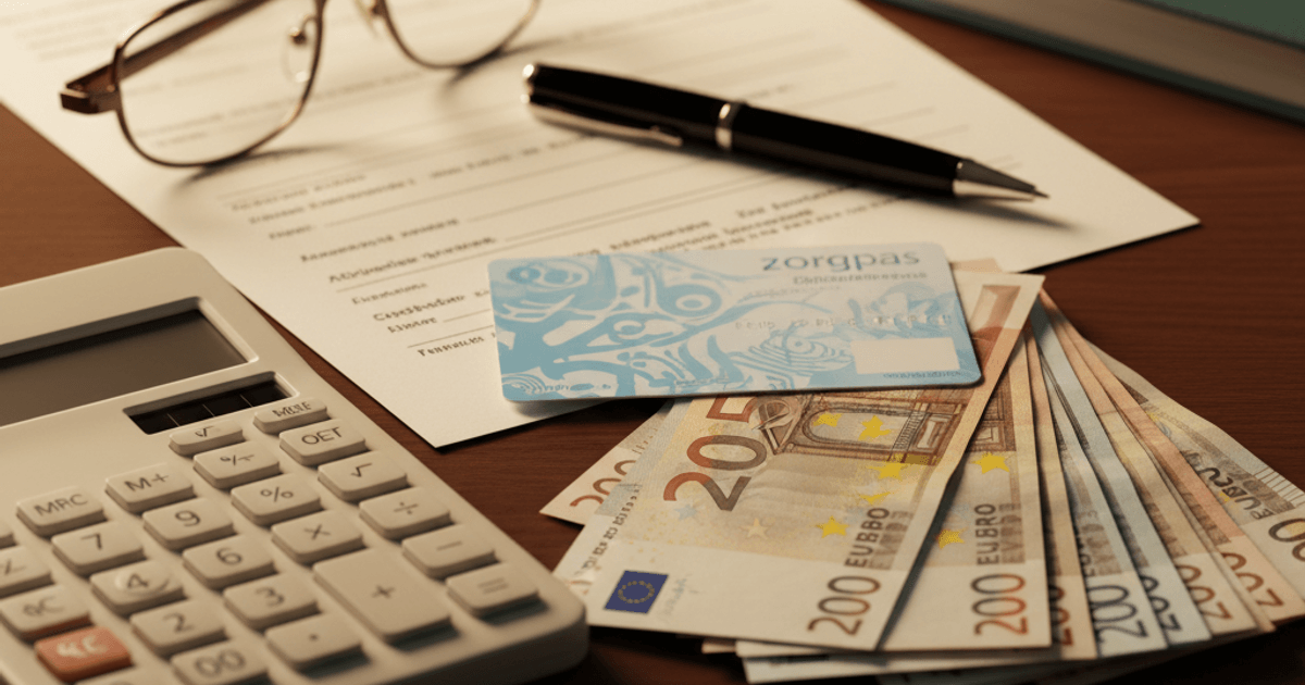 Nederlandse zorgpas met rekenmachine en euro biljetten - kosten medisch afslanken Nederland