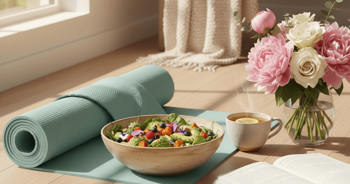 Yogamat met gezonde salade en kruidenthee - medisch afslanken bij PCOS en hormonen