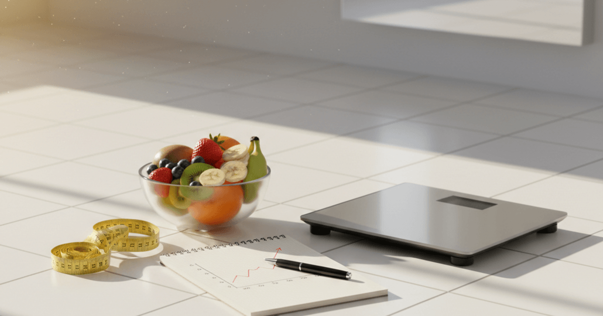 Weegschaal met meetlint en gezonde voeding - ervaringen met afvallen