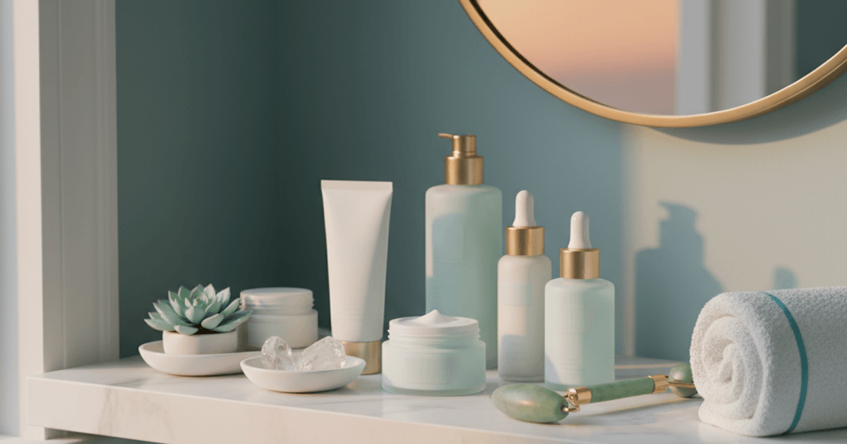 Huidverzorgingsproducten en jade roller op badkamerplank - cosmetische gevolgen afvallen